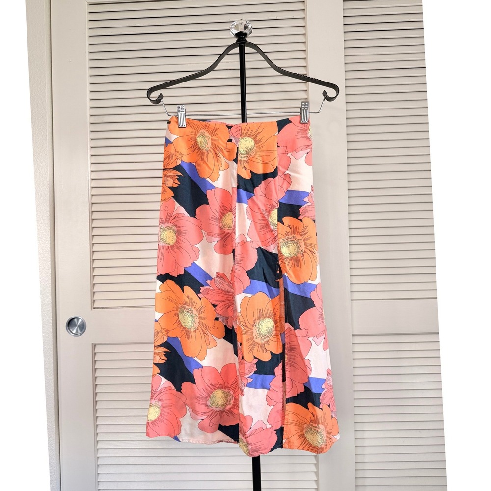 Oneill Floral Midi Skirt Orange Pink Blue Poppy Print Side Slit Size Small